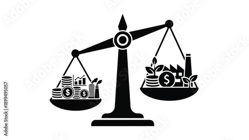 a balanced scale icon with money plants and buildings silhouette