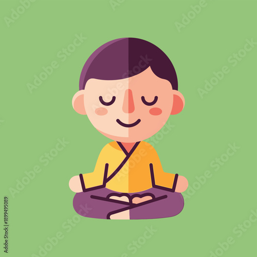 Cartoon boy meditating in lotus position.