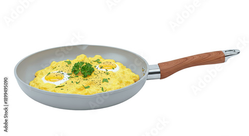 Scrambled Eggs with Parsley in a Gray Frying Pan with Wooden Handle