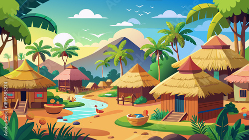 Very beautiful traditional African village scene with palm-built huts in Nosy Be, Madagascar, showcasing indigenous architecture, cultural heritage, tropical environment, and sustainable rural lifesty