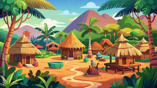 Very beautiful traditional African village scene with palm-built huts in Nosy Be, Madagascar, showcasing indigenous architecture, cultural heritage, tropical environment, and sustainable rural lifesty