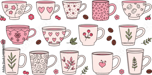 Cute Pink Coffee Mug And Tea Cup Pattern Collection With Hearts Flowers And Leaves In Kawaii Vector Illustration