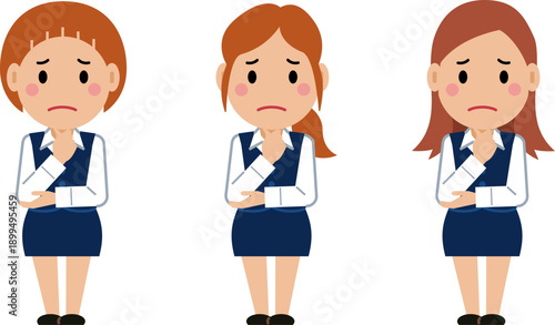 あごに手を当て悩み顔。ネイビー事務服の若い女性。その2