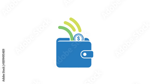 a blue wallet with a single coin and radiating lines silhouette