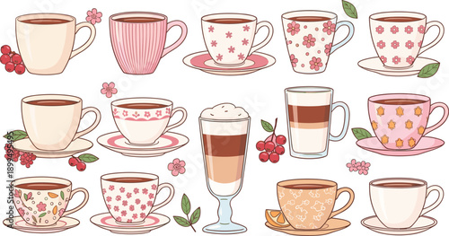 Cute Coffee And Tea Cup Collection With Floral Patterns Saucer Sets And Latte Glasses In Pastel Vector Illustration