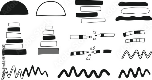 Hand Drawn Abstract Brush Stroke And Shape Set With Lines Bars Waves And Grunge Ink Elements In Black Vector Illustration
