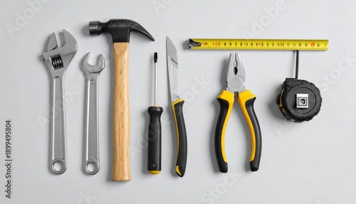 Set of six hand tools neatly arranged on light gray background: adjustable wrench, claw hammer with wooden handle, combination pliers, flathead screwdriver, utility knife, retractable tape measure par