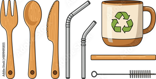 Reusable Eco Kitchen Utensil Set With Wooden Cutlery Metal Straws Cleaning Brush And Recycle Coffee Mug Vector Illustration
