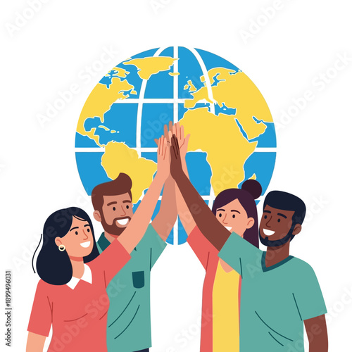 Diverse people high five together.