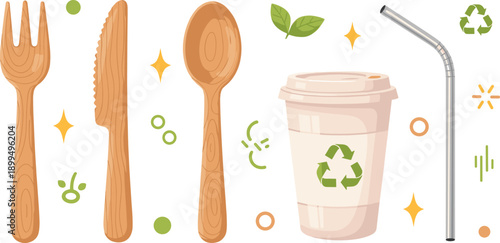 Eco Friendly Wooden Cutlery And Reusable Coffee Cup With Metal Straw Recycling Symbols In Sustainable Vector Illustration