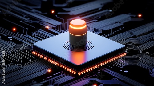 Futuristic Central Processing Unit with Glowing Power Button on a Sophisticated Circuit Board
