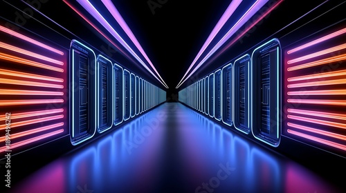 Futuristic corridor illuminated with vibrant neon lights creating a virtual atmosphere