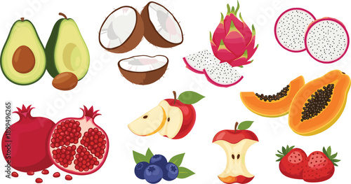 Fresh Exotic Fruit Illustration Set With Avocado Coconut Dragon Fruit Papaya Pomegranate Blueberries And Strawberries In Vector Style