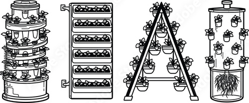 Hydroponic vertical farming systems icon set, indoor tower gardens, soilless plant cultivation methods, sustainable urban agriculture, flat vector illustration design