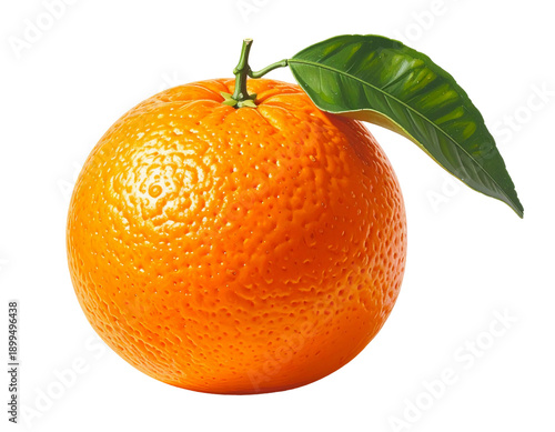 Fresh whole orange with green leaf isolated on transparent background, citrus fruit cut PNG, juicy vibrant color, suitable for juice packaging design, summer designs, healthy nutrition graphics