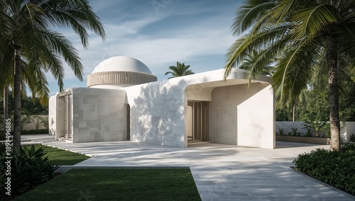 Modern Building Surrounded by Palm Trees in a Tropical Setting With Clear Ski...