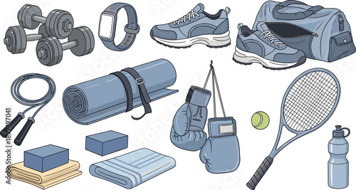 Gym And Fitness Equipment Set With Dumbbells Shoes Boxing Gloves Yoga Mat Tennis Racket And Sports Bag In Vector Illustration