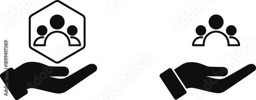 People support icons, community care, teamwork protection, human resources, social service, trust, help, charity, insurance, outline, flat, vector, illustration, set
