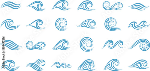 Ocean wave icons set with flowing water swirls and sea curves, abstract blue vector elements for marine design and nautical graphics
