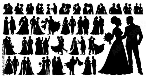 Wedding Couple Silhouettes Collection in Romantic Poses for Marriage and Engagement Concepts on Transparent Background