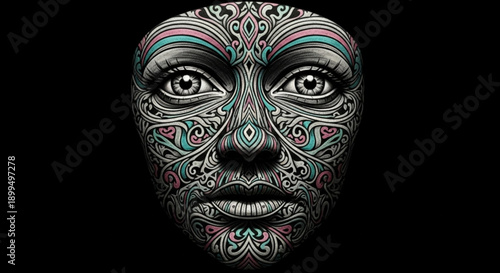 Intricately designed face with colorful patterns and makeup on black background symbolizing art and creativity