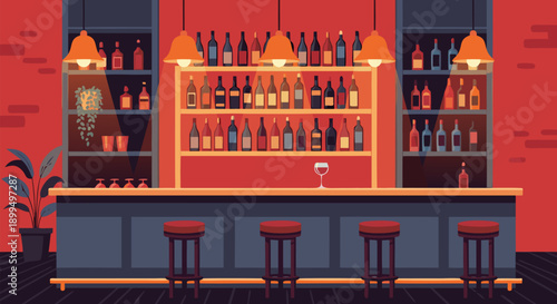 Vector illustration of a bar counter with stools and bottles on shelves, perfect for hospitality and nightlife scenes