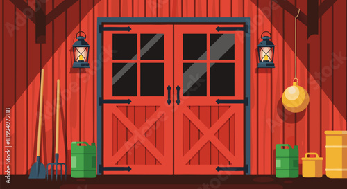 Red Barn Doors with Lanterns and Farm Tools - A Vector Illustration