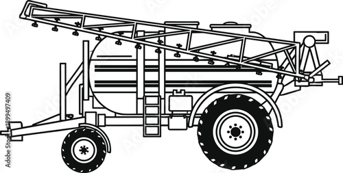 Precision agriculture sprayer, smart farming equipment, autonomous pesticide machine, iot technology, modern agritech vehicle, outline tractor attachment illustration, vector, set