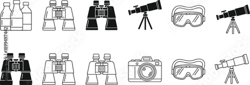 Outdoor exploration and observation icon set featuring binoculars, telescopes, camera, goggles, and water bottles in minimal outline and solid vector style