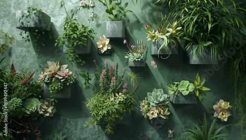 Wall Garden Design With Various Plants in Green Wall Planters at a Modern Int...
