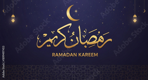 Ramadan kareem greeting card with golden arabic calligraphy and crescent moon on dark blue background with hanging lanterns