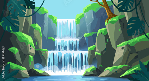 Beautiful Waterfall Landscape Vector Illustration in a Lush Tropical Jungle Setting, Serene Nature Scene
