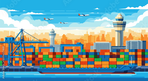 Vector illustration of a busy shipping port with cargo containers, cranes, and airplanes flying overhead, showcasing global trade and logistics