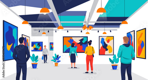 Contemporary Art Gallery Exhibition Vector Illustration Featuring People Admiring Modern Abstract Paintings