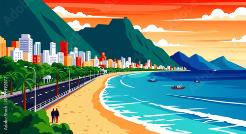 Vibrant Coastal Cityscape Vector Illustration with Palm Trees and Ocean Breezes