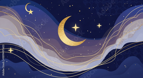 Golden crescent moon and stars shine brightly in a dreamy wavy night sky with shades of blue and purple evoking a sense of magic and wonder