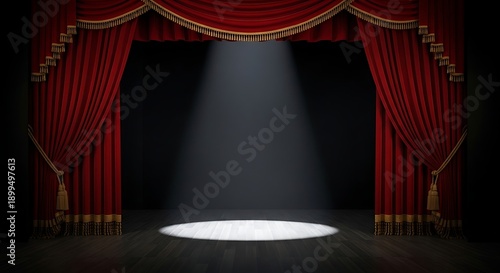 A spotlight shines on a stage with red curtains open wide every mounth for a grand performance