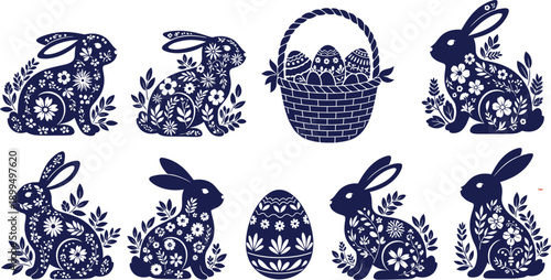 Easter bunnies and eggs in floral patterns for easter decor