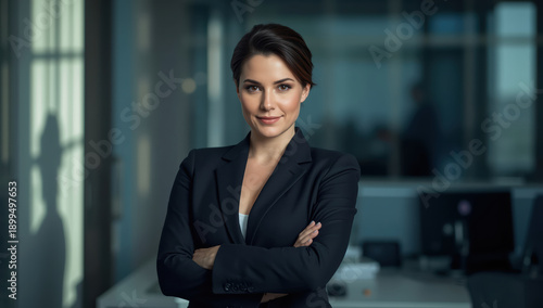 Free Download Confident professional woman in dark blazer smiling with arms crossed in modern office - GFXLoad
