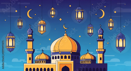 Islamic mosque architecture with lanterns and crescent moons at night ramadan decorations and symbolism