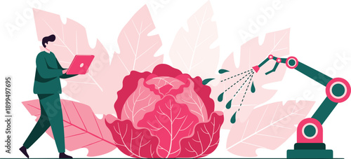 Smart agriculture automation with robotic irrigation arm and farmer using laptop, sustainable crop management technology, digital farming, flat vector illustration