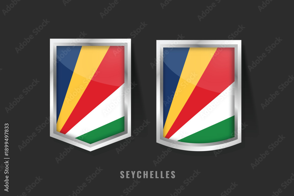 Obraz premium Vector Illustration of SEYCHELLES Label Logo. SEYCHELLES Badge Sign SEYCHELLES With Flag, Seychellois Product Label Banners Template.