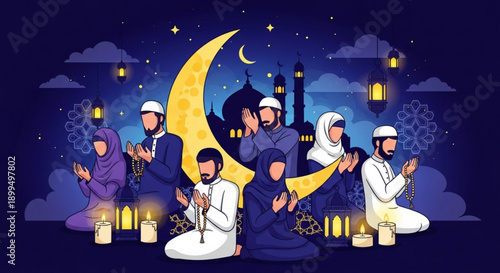 Muslim family praying together at night with crescent moon lanterns and mosque in background celebrating ramadan or eid al fitr with traditional arabic clothing and candles