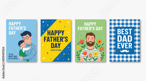 Four Father's Day greeting card designs featuring playful illustrations and captions like Happy Father's Day and Best Dad Ever.