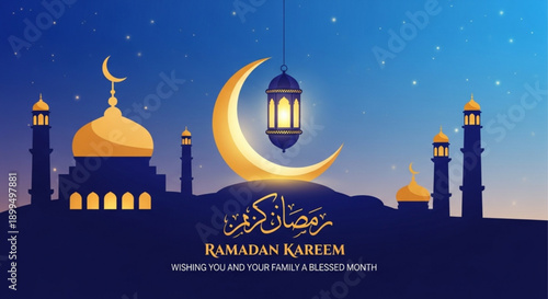 Ramadan kareem greeting card with mosque silhouette crescent moon and lantern at night
