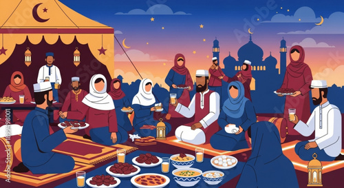 People in traditional clothing sitting around a table with food at an outdoor evening gathering with mosque in the background