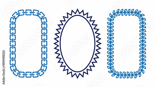 Three blue chain border vector icons: rectangular frame, spiked oval frame, and rounded rectangular chain border