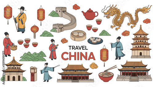 Travel to China doodle set with cultural icons, including the Great Wall, dragons, temples, food, and traditional people.
