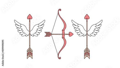 Set of romantic Cupid's weapons, including a bow and two arrows with heart tips and feathered wings for Valentine's Day.