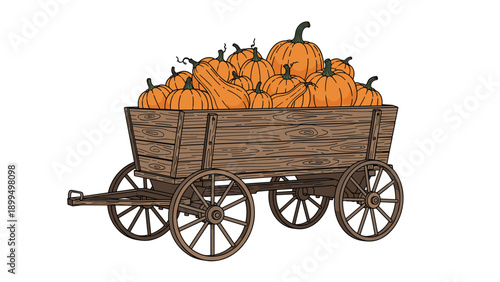 Vintage-style illustration of an old wooden farm cart overflowing with a bountiful harvest of ripe orange pumpkins.